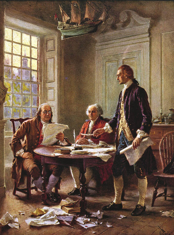 <p>Benjamin Franklin, John Adams and Thomas Jefferson meet to review a draft of the Declaration of Independence. Lithographic print by Jean Leon Gerome Ferris.</p>